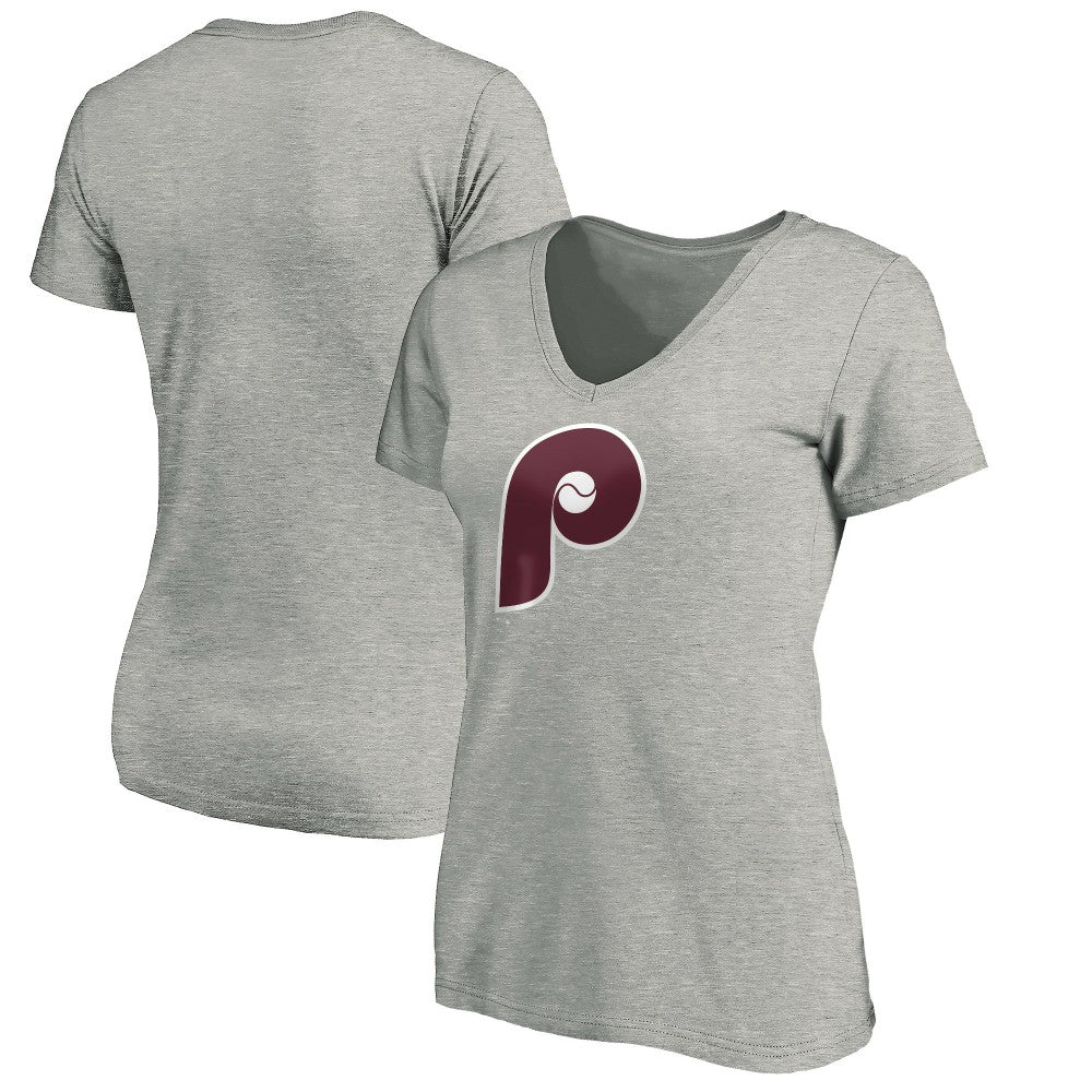 Philadelphia Phillies Women's Cooperstown Collection Huntington Logo V-Neck T-Shirt - Heathered Gray