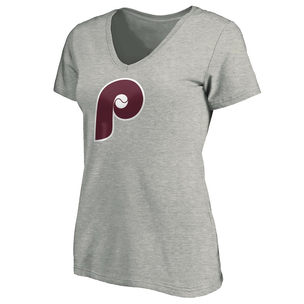 Philadelphia Phillies Women's Cooperstown Collection Huntington Logo V-Neck T-Shirt - Heathered Gray