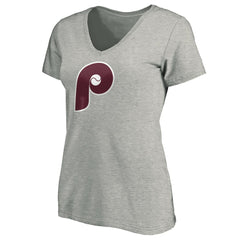 Philadelphia Phillies Women's Cooperstown Collection Huntington Logo V-Neck T-Shirt - Heathered Gray