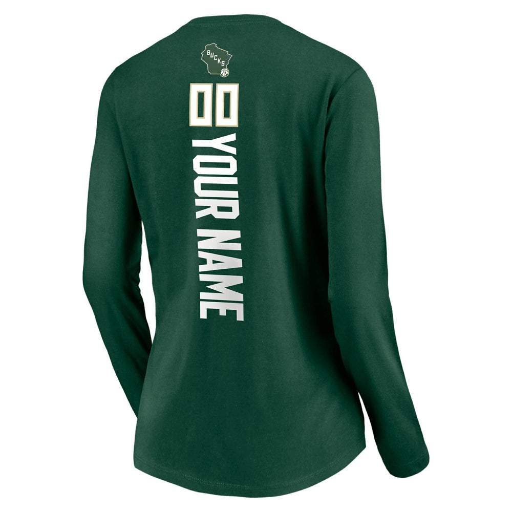 Milwaukee Bucks Women's Playmaker Personalized Name & Number Long Sleeve V-Neck T-Shirt - Hunter Green discount