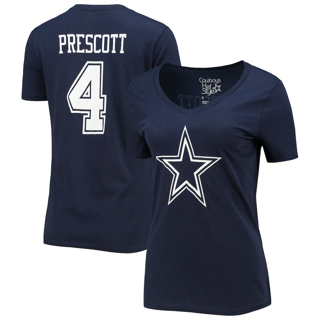 Dak Prescott Dallas Cowboys Women's Player Icon Name & Number V-Neck T-Shirt - Navy on sale