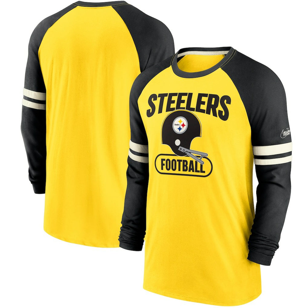 Pittsburgh Steelers Throwback Raglan Long Sleeve T-Shirt - Gold/Black | Nike outlet