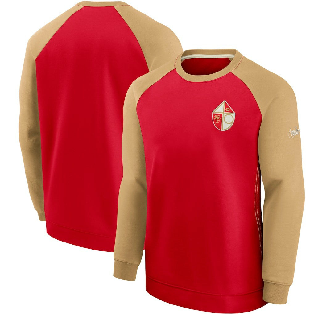 San Francisco 49ers Historic Raglan Crew Performance Sweater - Scarlet/Gold | Nike for sale