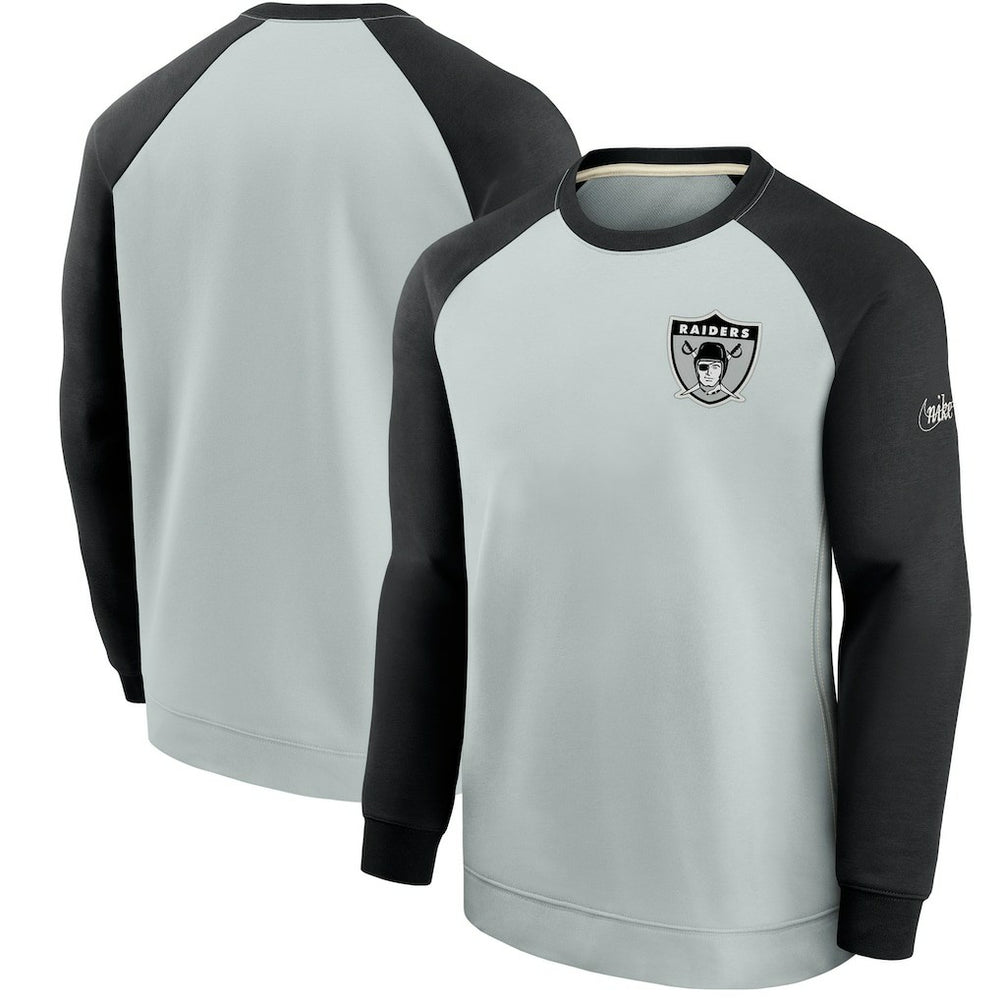 Las Vegas Raiders Historic Raglan Crew Performance Sweater - Silver/Black | Nike outlet