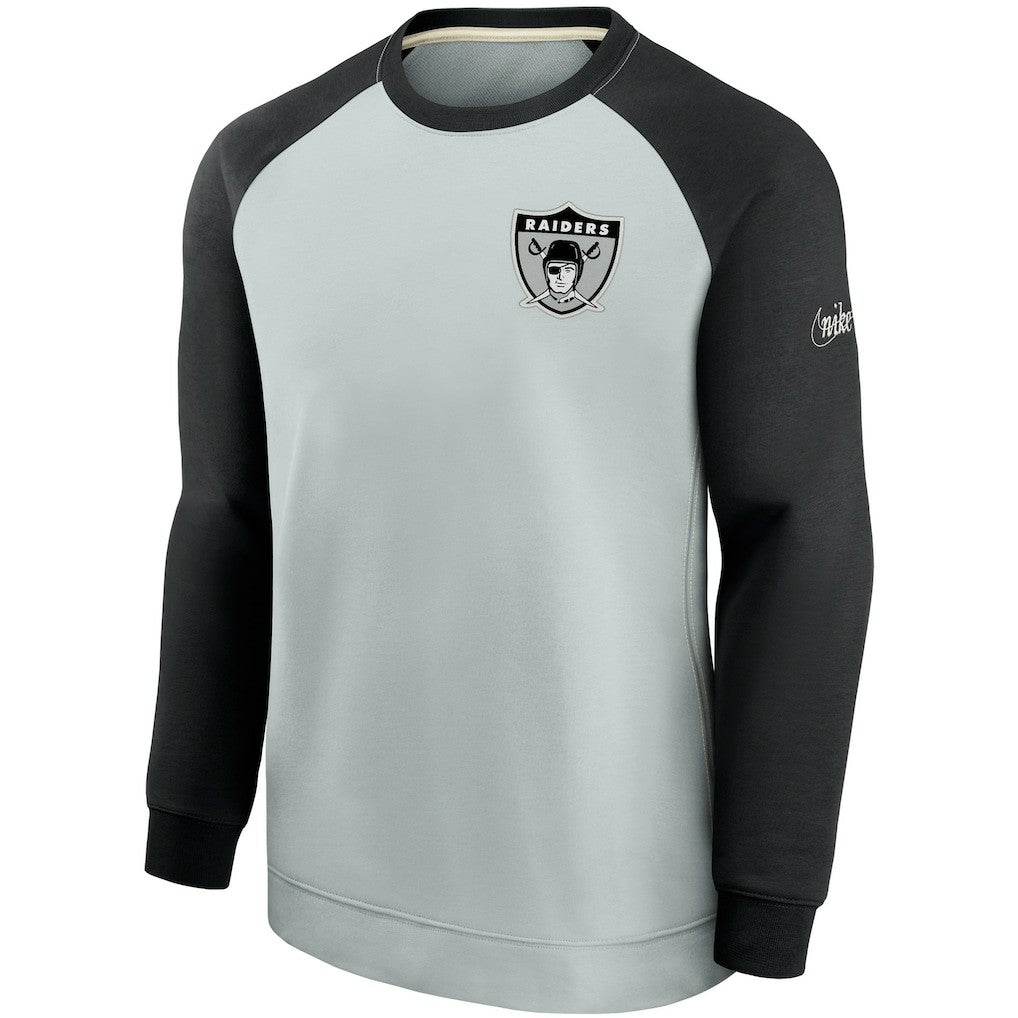 Las Vegas Raiders Historic Raglan Crew Performance Sweater - Silver/Black | Nike outlet