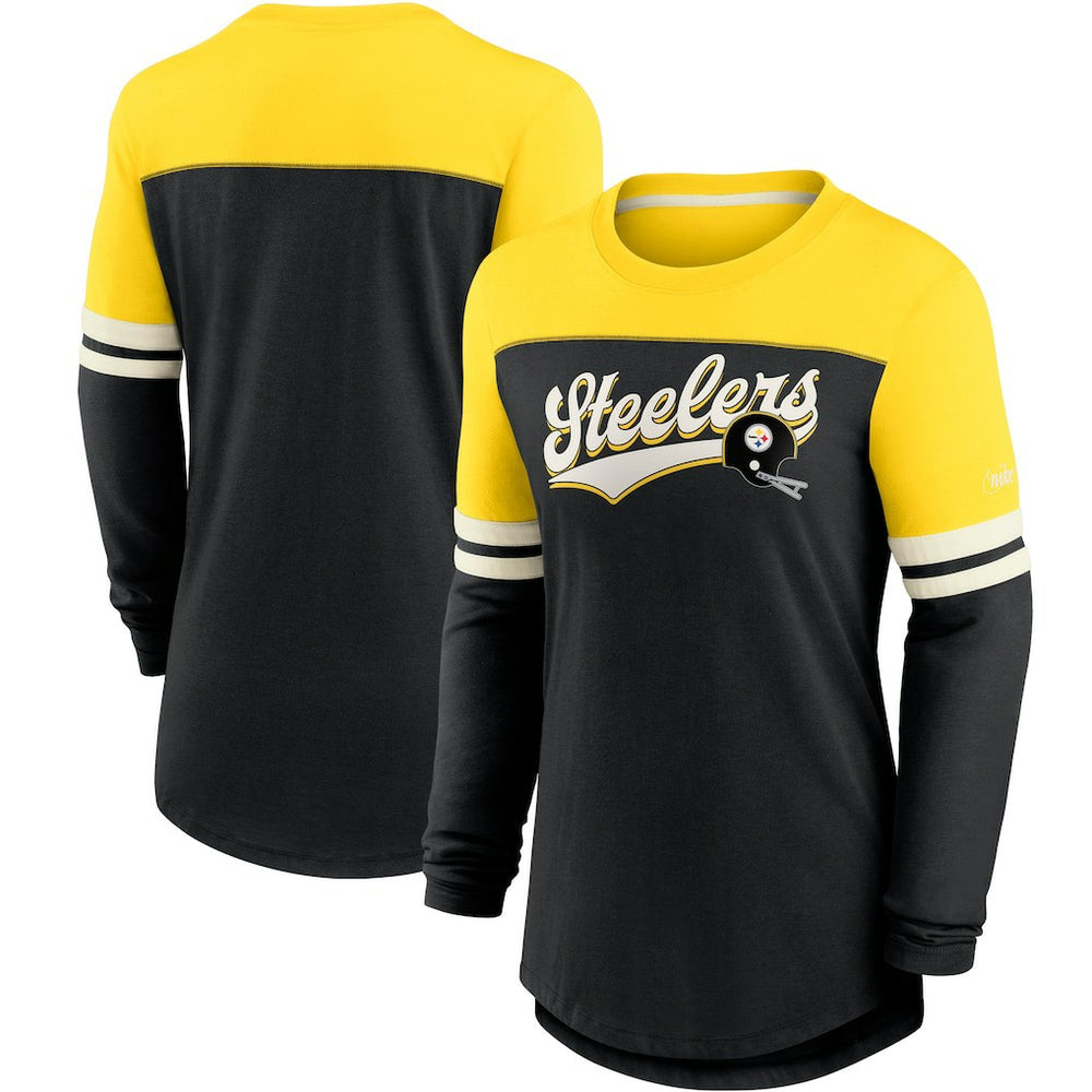 Pittsburgh Steelers Women's Retro Script Performance Tri-Blend Long Sleeve T-Shirt - Black/Gold | Nike on sale