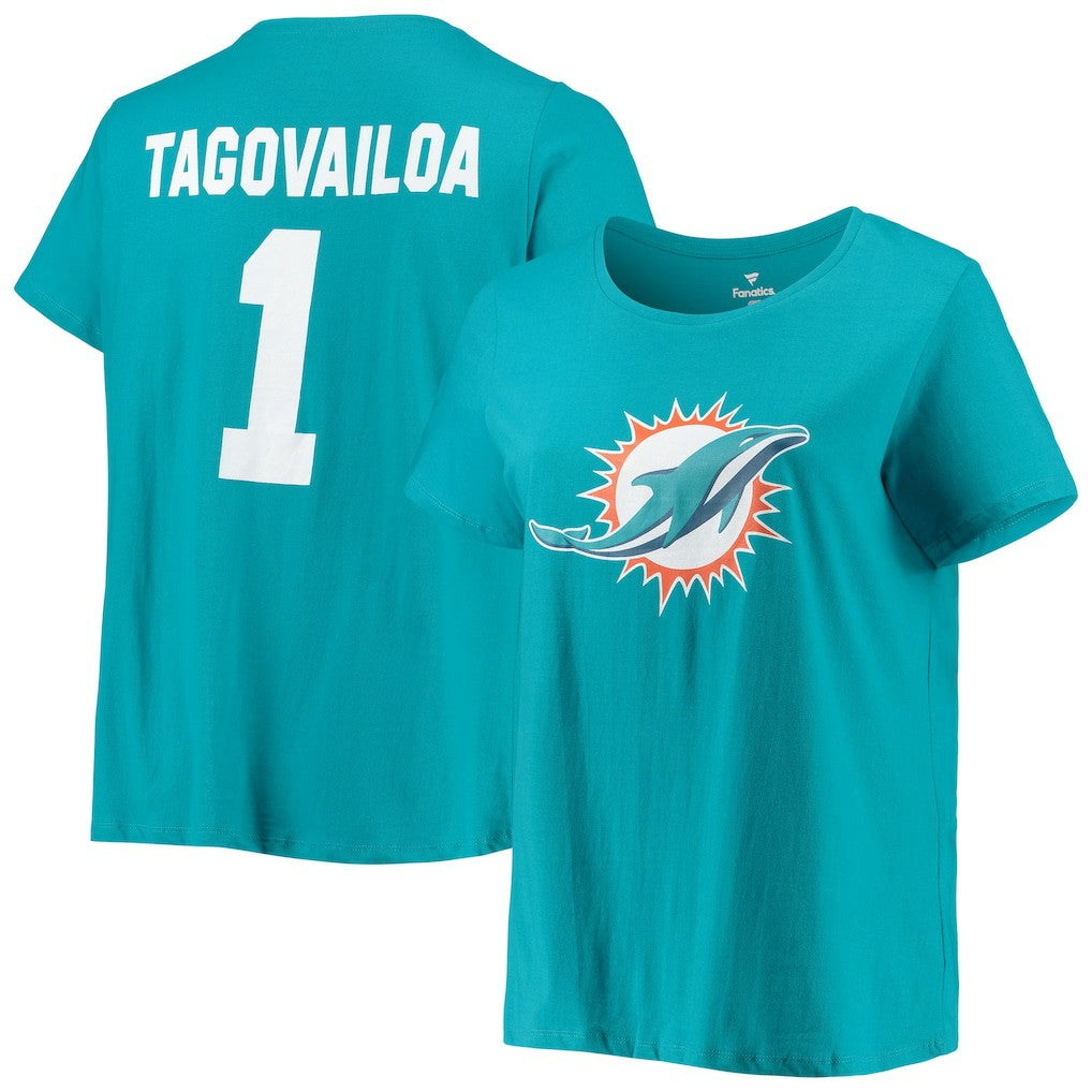 Tua Tagovailoa Miami Dolphins Women's Plus Size Fair Catch Name & Number Scoop Neck T-Shirt - Aqua cheap