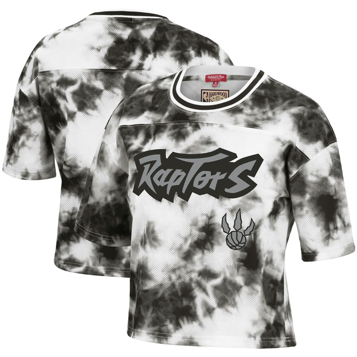 Toronto Raptors Women's Hardwood Classics Tie-Dye Cropped T-Shirt - Black/White | Mitchell & Ness for sale