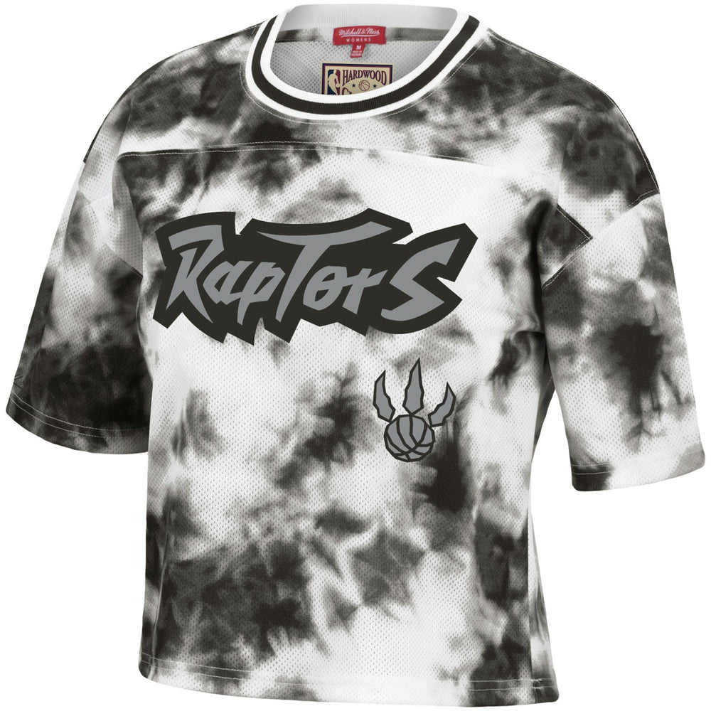 Toronto Raptors Women's Hardwood Classics Tie-Dye Cropped T-Shirt - Black/White | Mitchell & Ness for sale