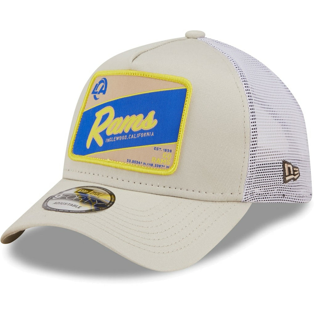 Los Angeles Rams New Era Happy Camper A-Frame Trucker 9FORTY Snapback Hat - Khaki/White for sale