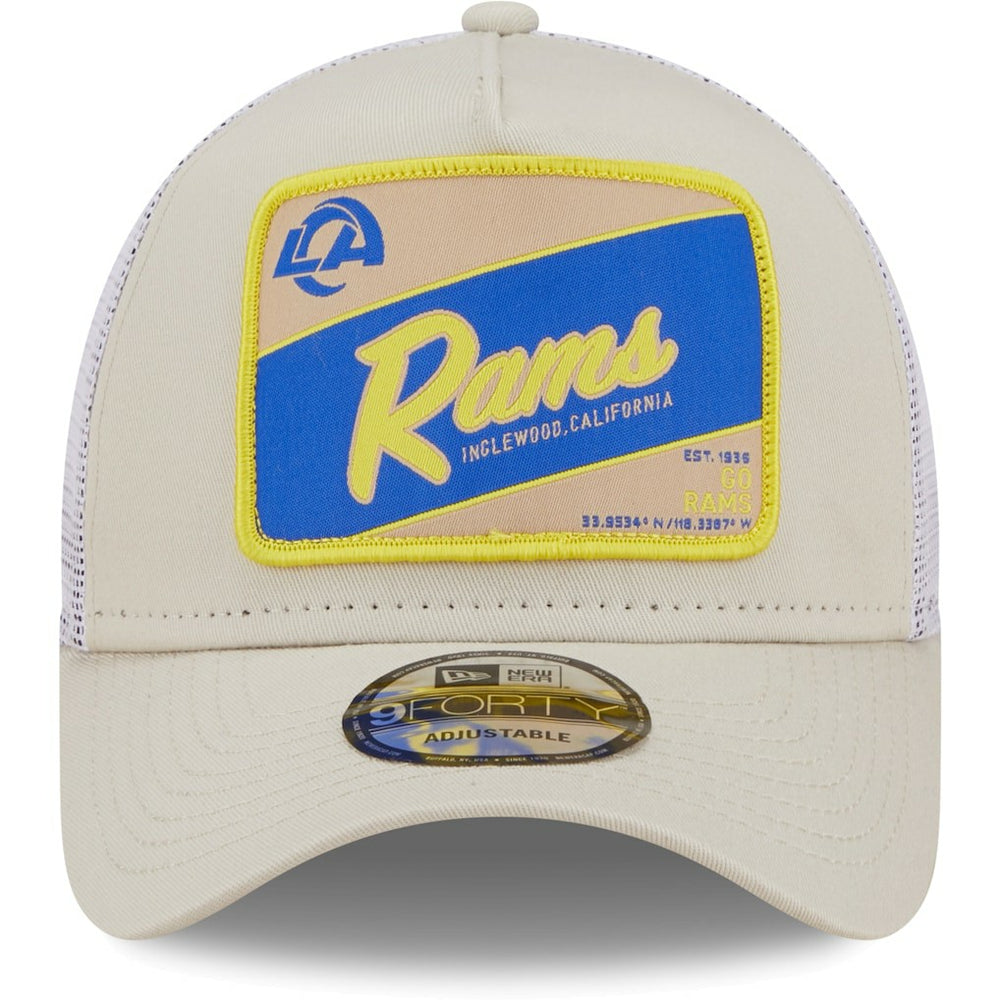 Los Angeles Rams New Era Happy Camper A-Frame Trucker 9FORTY Snapback Hat - Khaki/White for sale