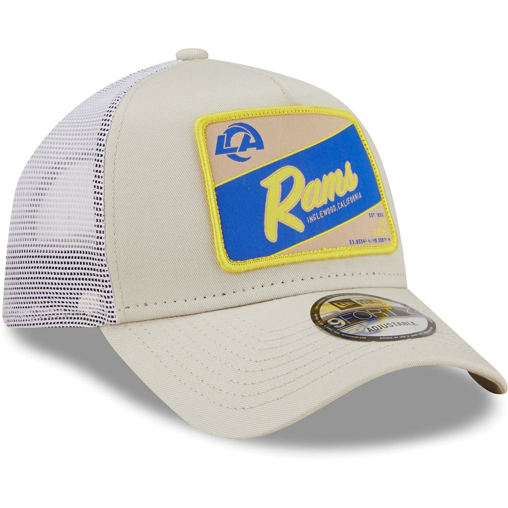 Los Angeles Rams New Era Happy Camper A-Frame Trucker 9FORTY Snapback Hat - Khaki/White for sale