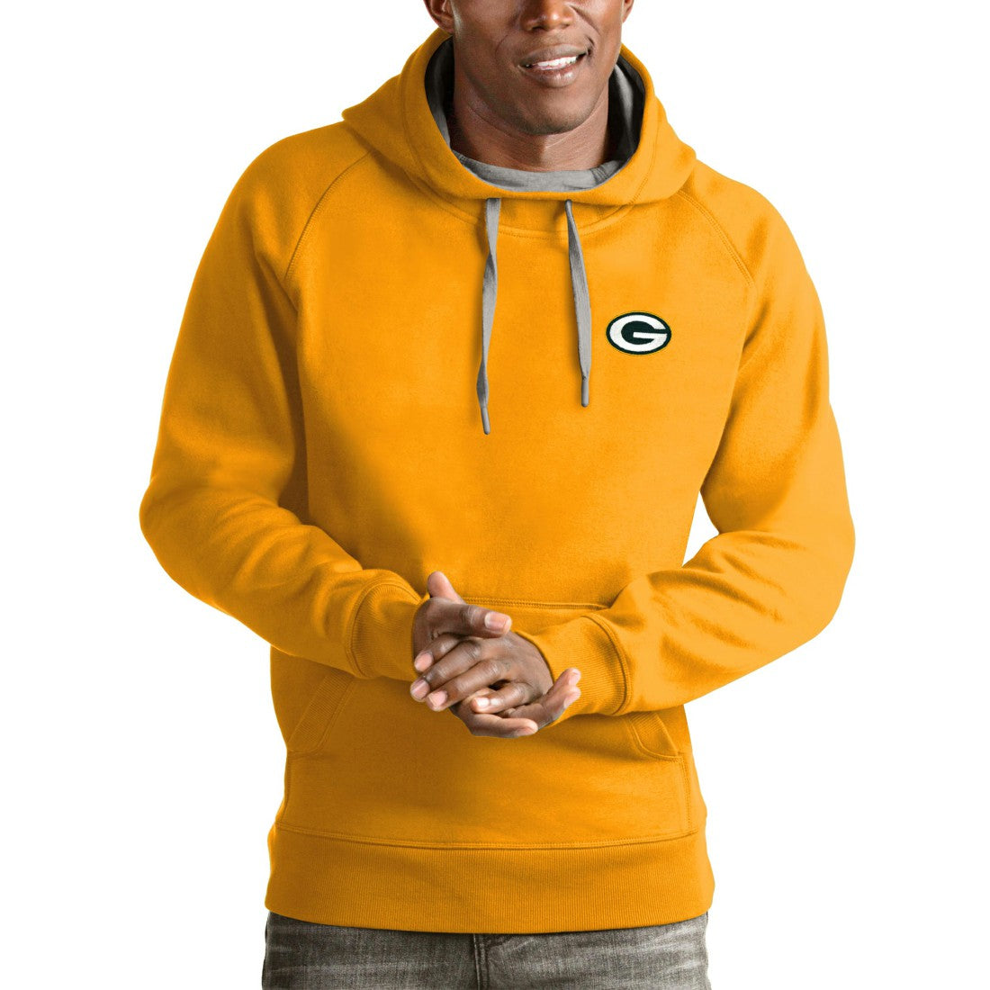 Green Bay Packers Antigua Logo Victory Pullover Hoodie - Gold cheap