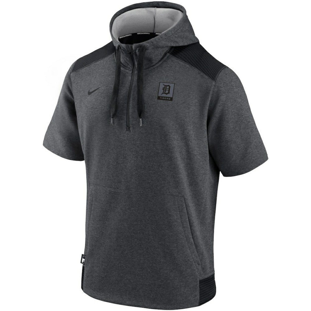 Detroit Tigers Authentic Collection Dry Flux Performance Quarter-Zip Short Sleeve Hoodie - Heathered Charcoal/Black | Nike