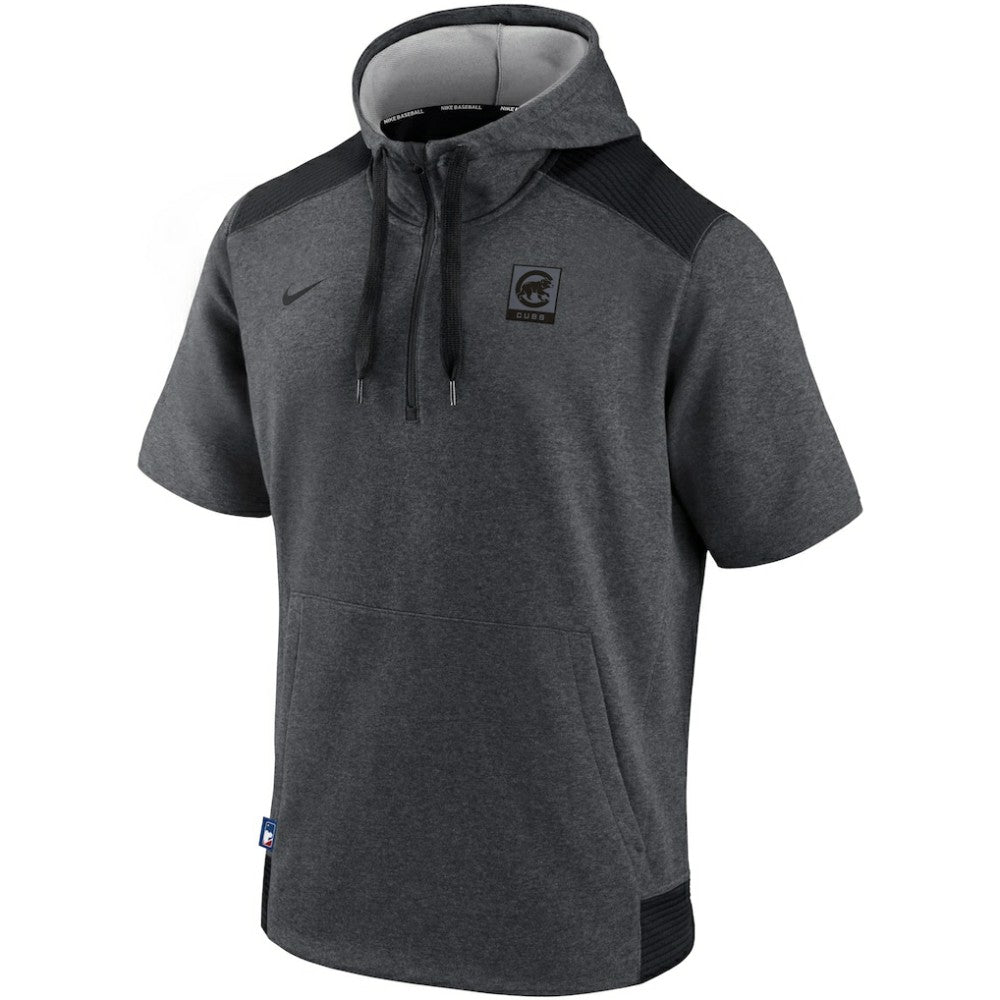 Chicago Cubs Authentic Collection Dry Flux Performance Quarter-Zip Short Sleeve Hoodie - Heathered Charcoal/Black | Nike