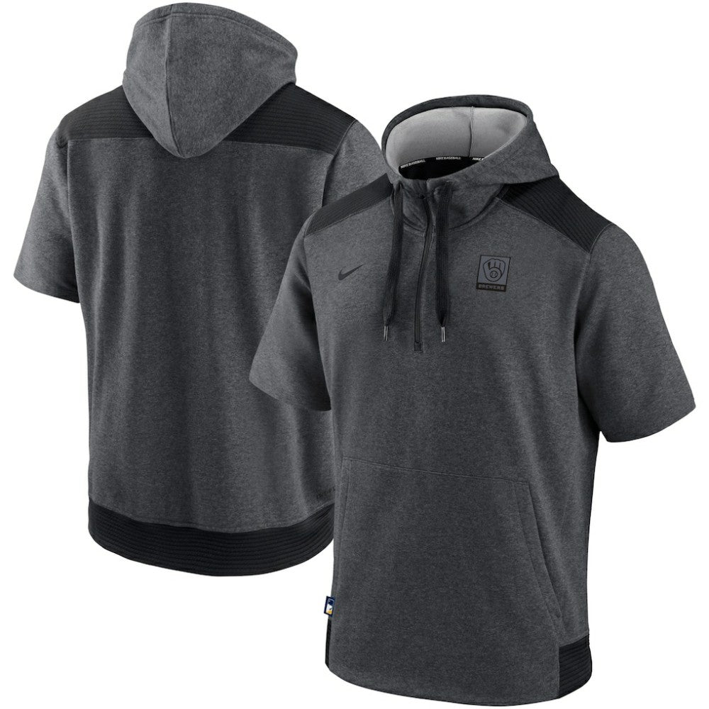 Milwaukee Brewers Authentic Collection Dry Flux Performance Quarter-Zip Short Sleeve Hoodie - Heathered Charcoal/Black | Nike