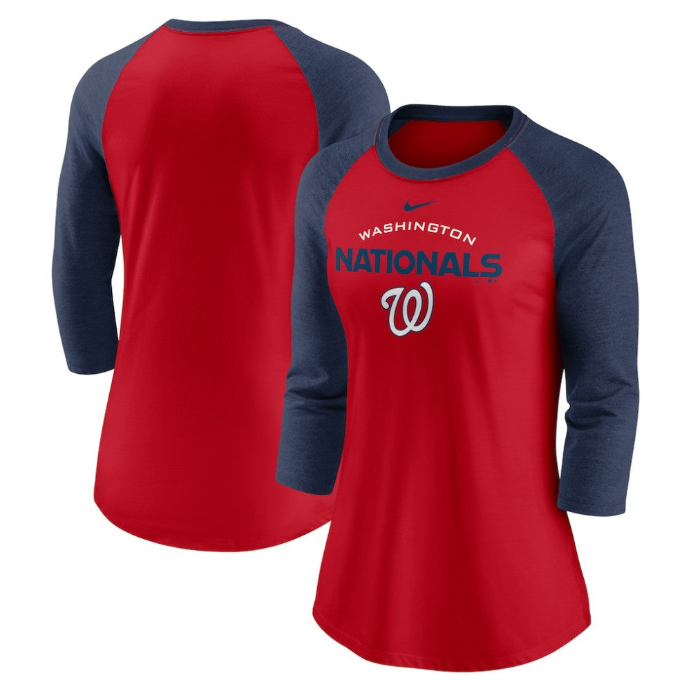 Washington Nationals Women's Modern Baseball Arch Tri-Blend Raglan 3/4-Sleeve T-Shirt - Red/Navy | Nike
