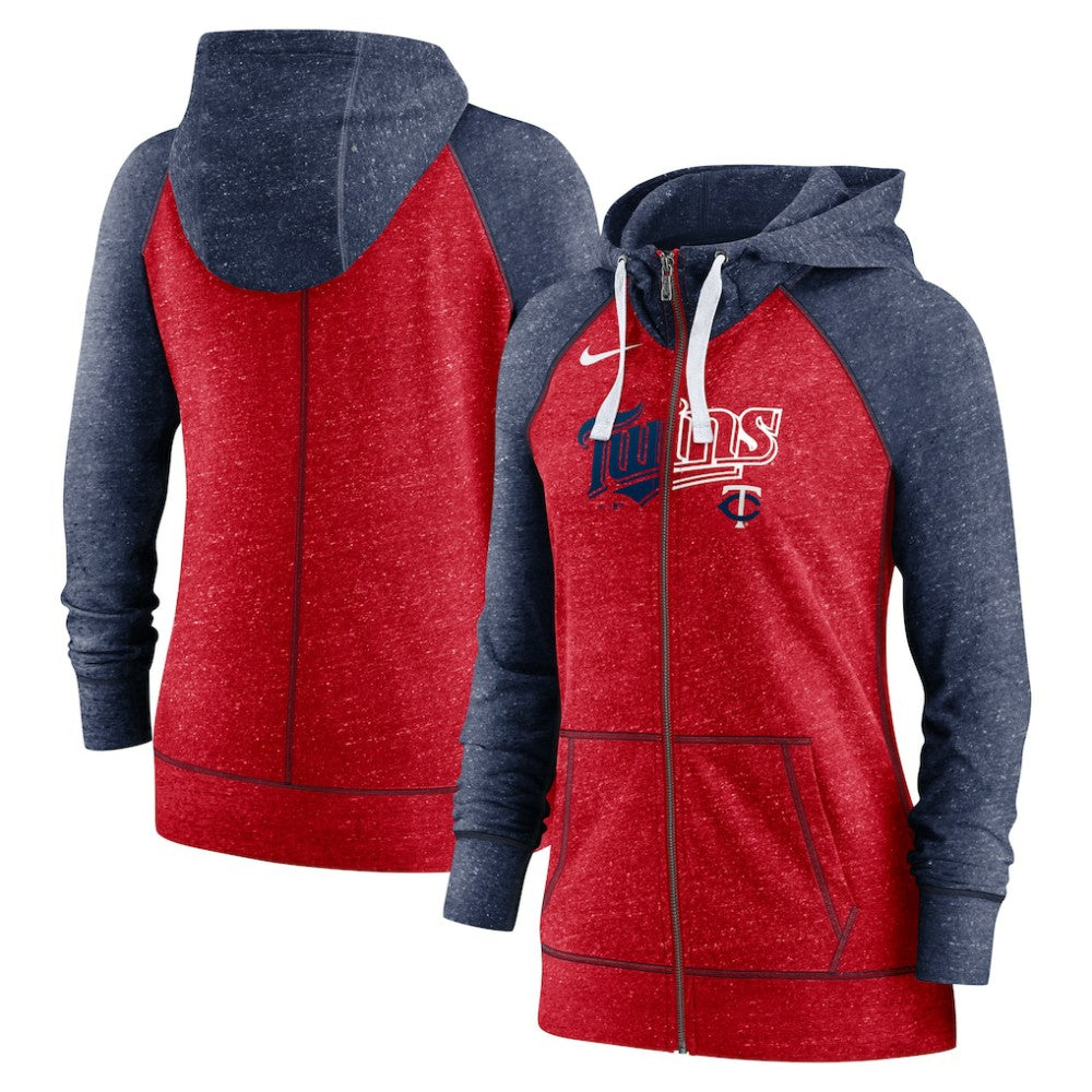 Minnesota Twins Women's Split Wordmark Gym Vintage Raglan Lightweight Full-Zip Hoodie - Heather Red/Heather Navy | Nike
