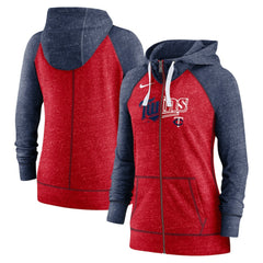 Minnesota Twins Women's Split Wordmark Gym Vintage Raglan Lightweight Full-Zip Hoodie - Heather Red/Heather Navy | Nike