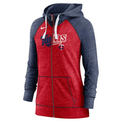 Minnesota Twins Women's Split Wordmark Gym Vintage Raglan Lightweight Full-Zip Hoodie - Heather Red/Heather Navy | Nike