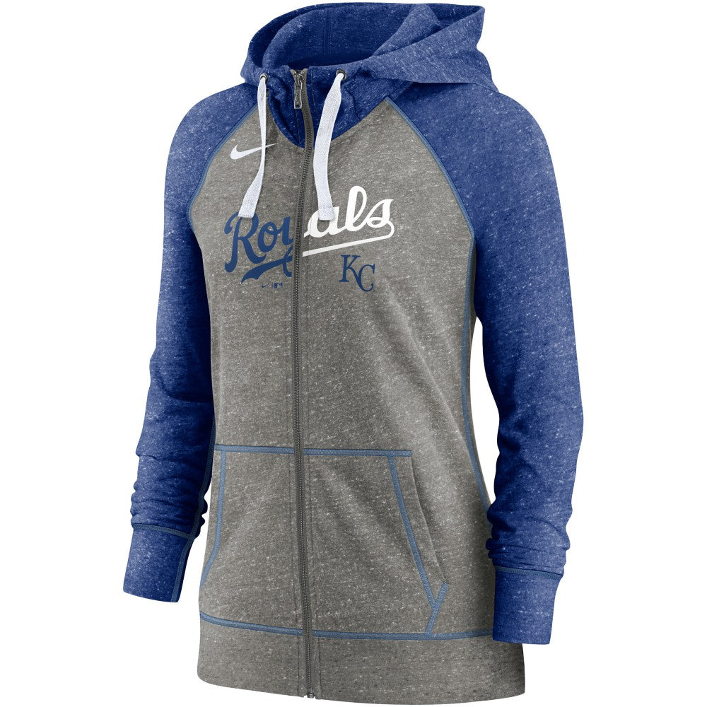 Kansas City Royals Women's Split Wordmark Gym Vintage Raglan Lightweight Full-Zip Hoodie - Heather Charcoal/Heather Royal | Nike