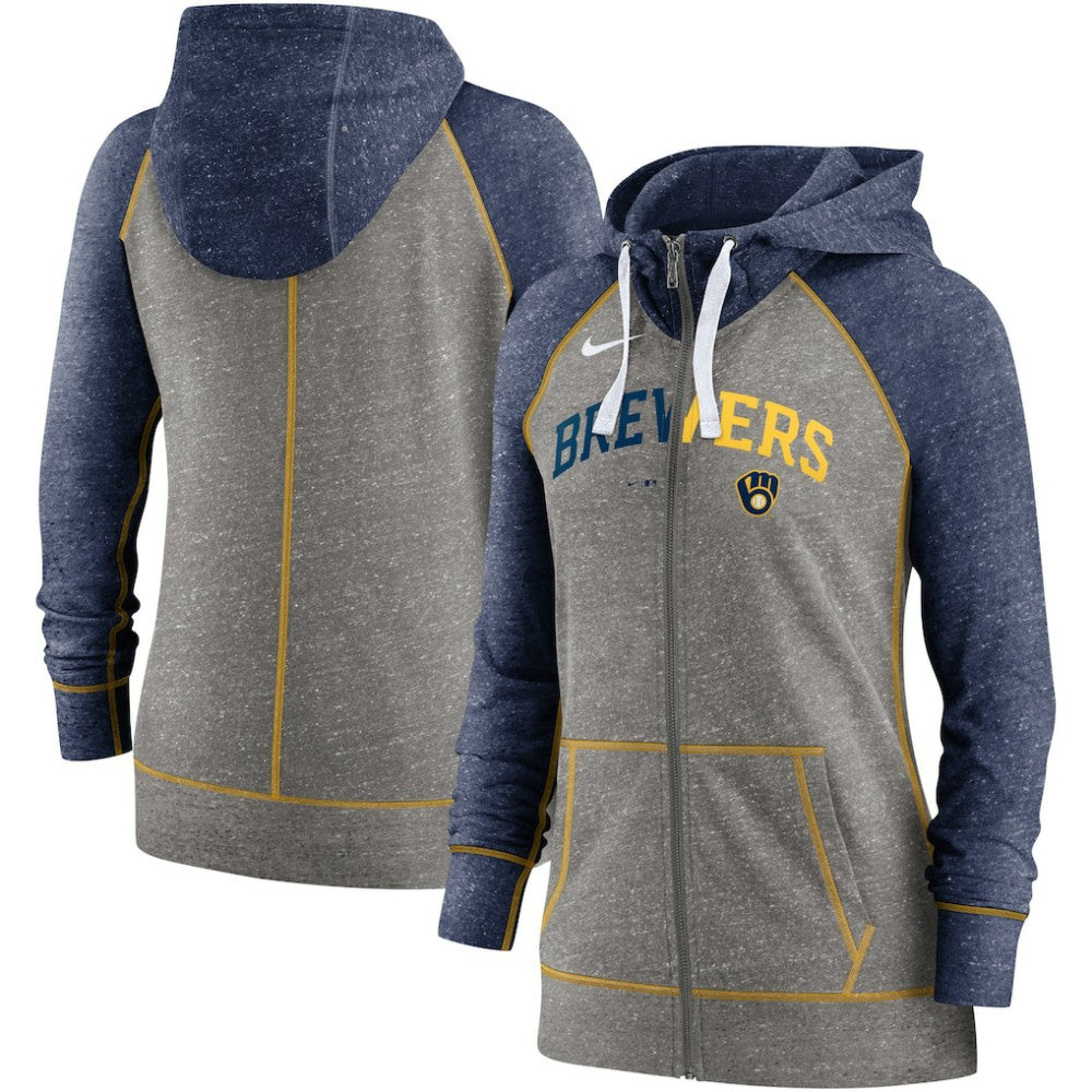 Milwaukee Brewers Women's Split Wordmark Gym Vintage Raglan Lightweight Full-Zip Hoodie - Heather Charcoal/Heather Navy | Nike