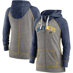 Milwaukee Brewers Women's Split Wordmark Gym Vintage Raglan Lightweight Full-Zip Hoodie - Heather Charcoal/Heather Navy | Nike