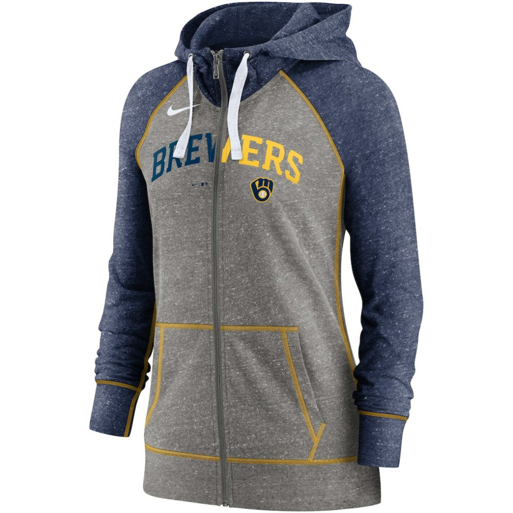 Milwaukee Brewers Women's Split Wordmark Gym Vintage Raglan Lightweight Full-Zip Hoodie - Heather Charcoal/Heather Navy | Nike