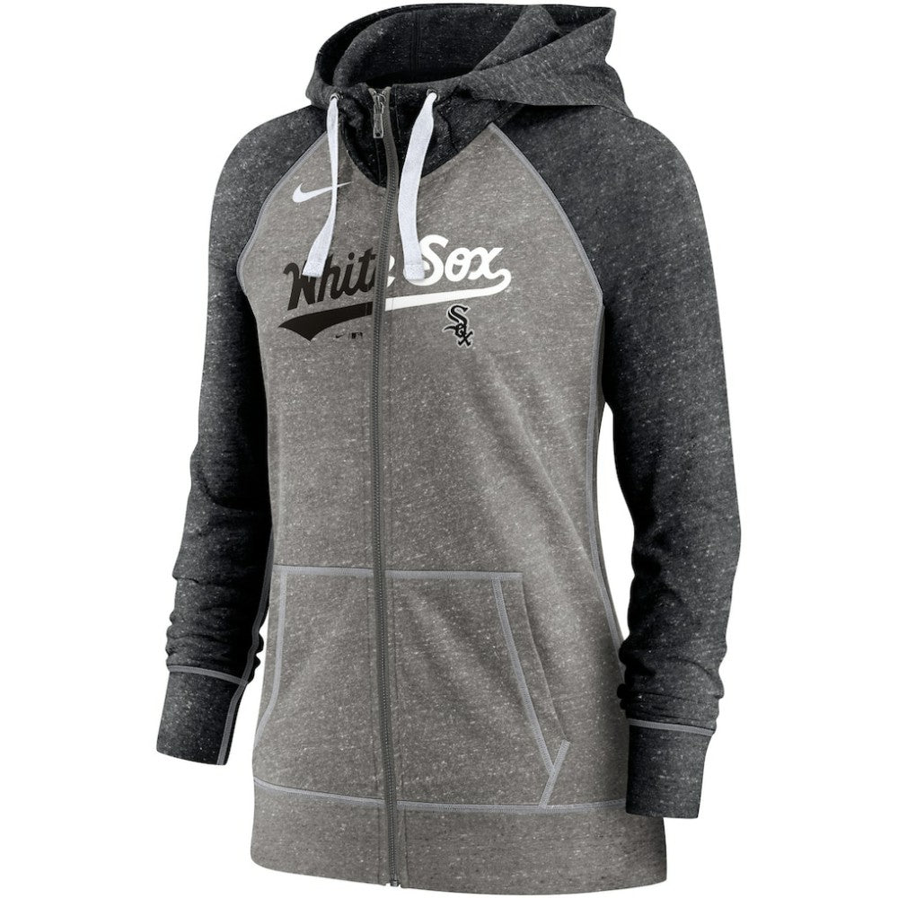 Chicago White Sox Women's Split Wordmark Gym Vintage Raglan Lightweight Full-Zip Hoodie - Heather Charcoal/Heather Black | Nike