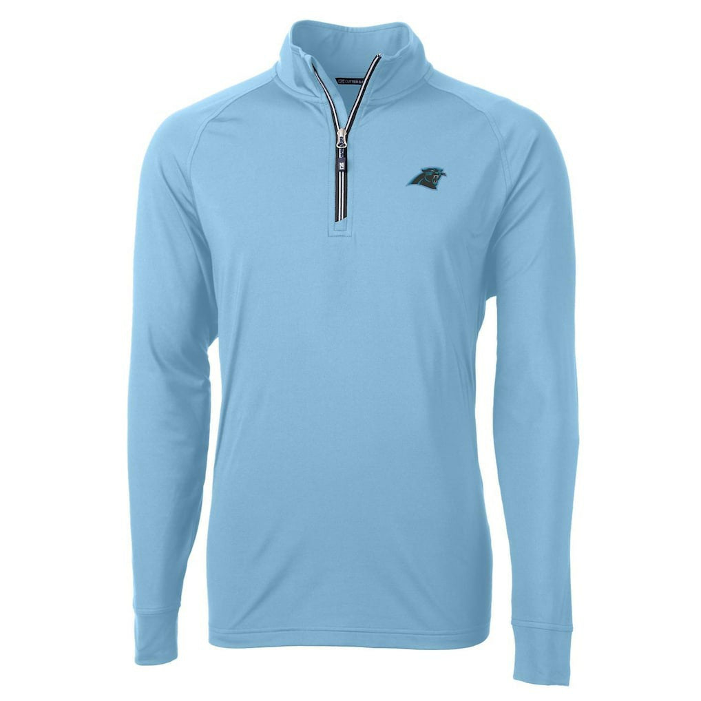 Carolina Panthers Cutter & Buck Adapt Eco Knit Quarter-Zip Pullover Jacket - Blue on sale