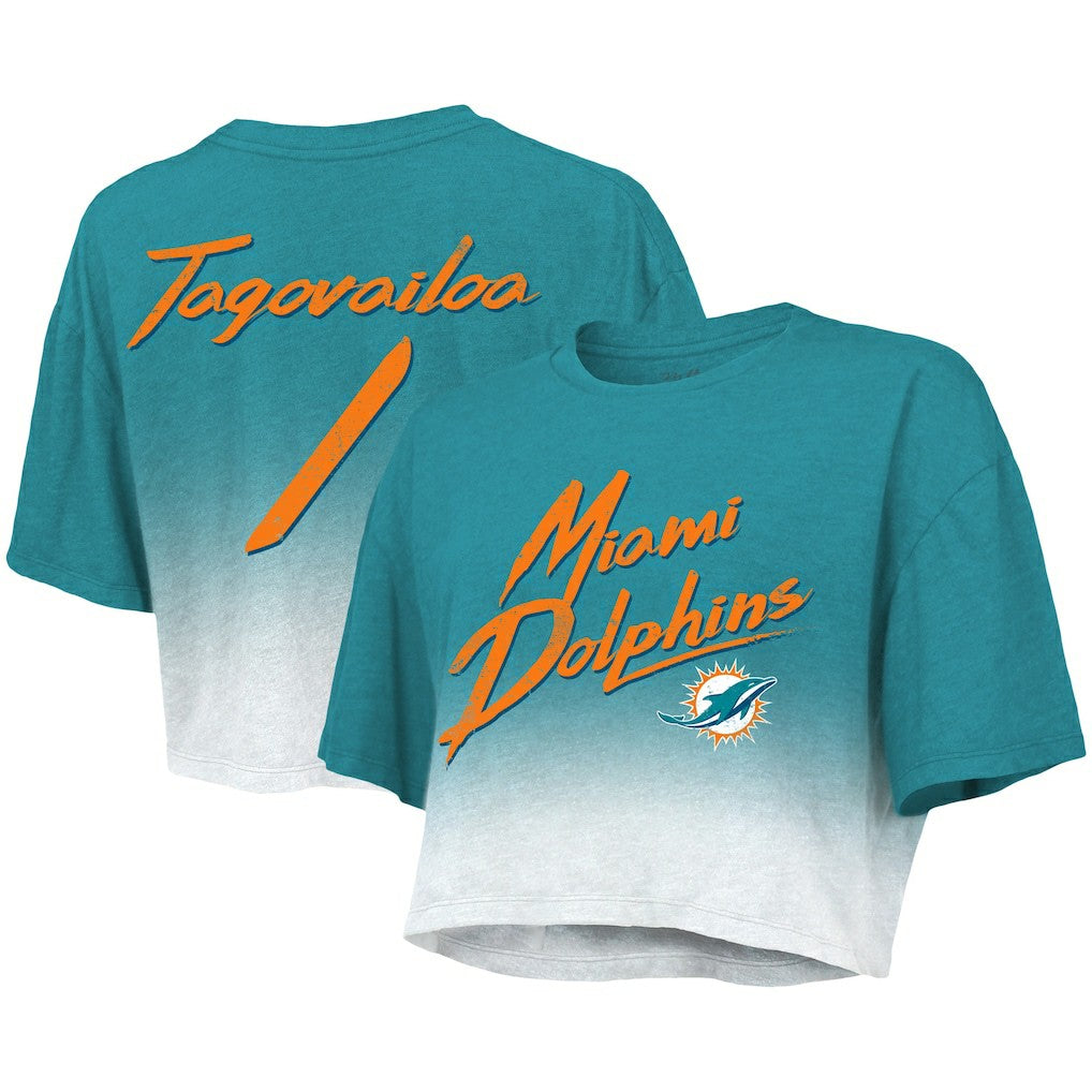 Tua Tagovailoa Miami Dolphins Majestic Threads Women's Dip-Dye Player Name & Number Crop Top - Aqua/White online