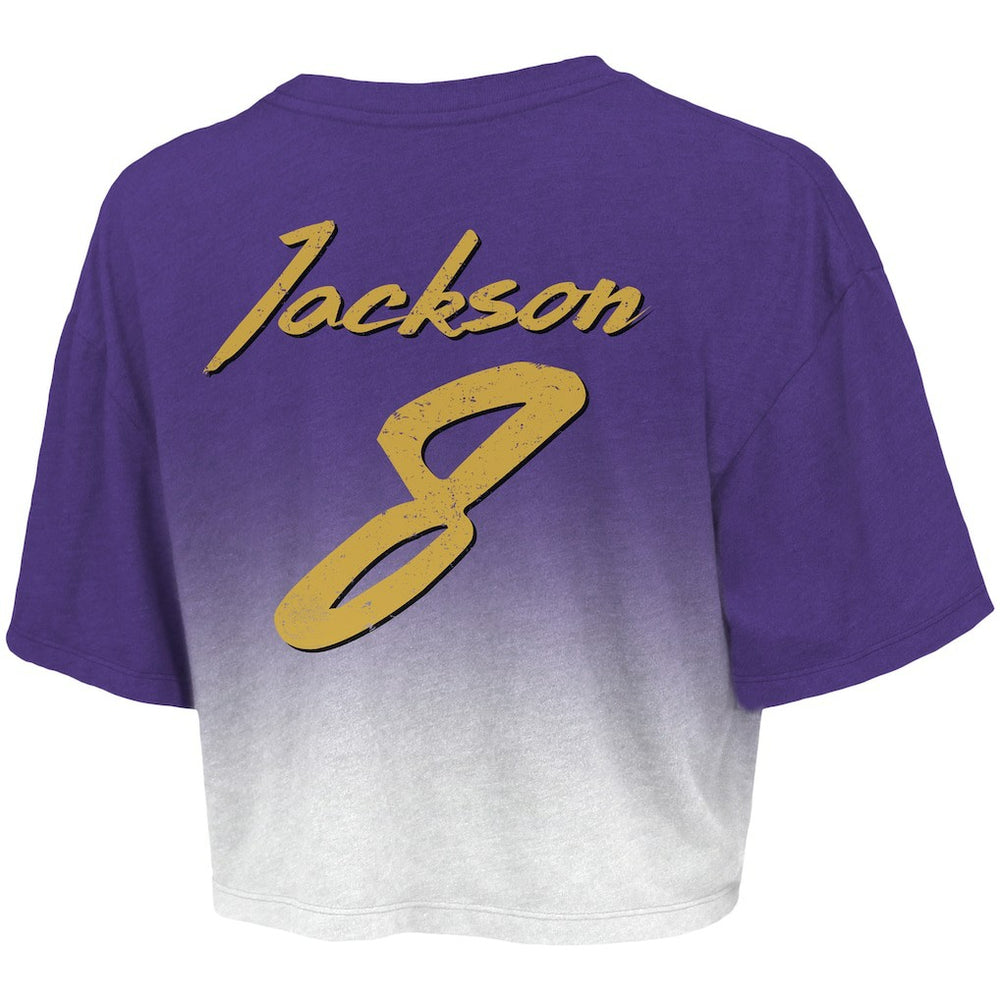 Lamar Jackson Baltimore Ravens Majestic Threads Women's Dip-Dye Player Name & Number Crop Top - Purple/White on sale