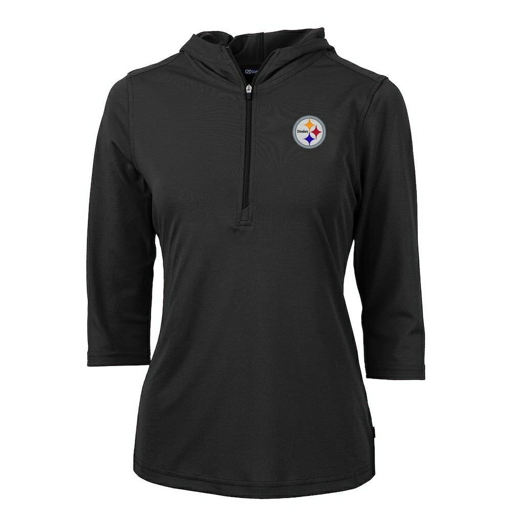 Pittsburgh Steelers Cutter & Buck Women's Virtue Eco Pique Half-Zip 3/4 Sleeve Pullover Hoodie - Black on sale