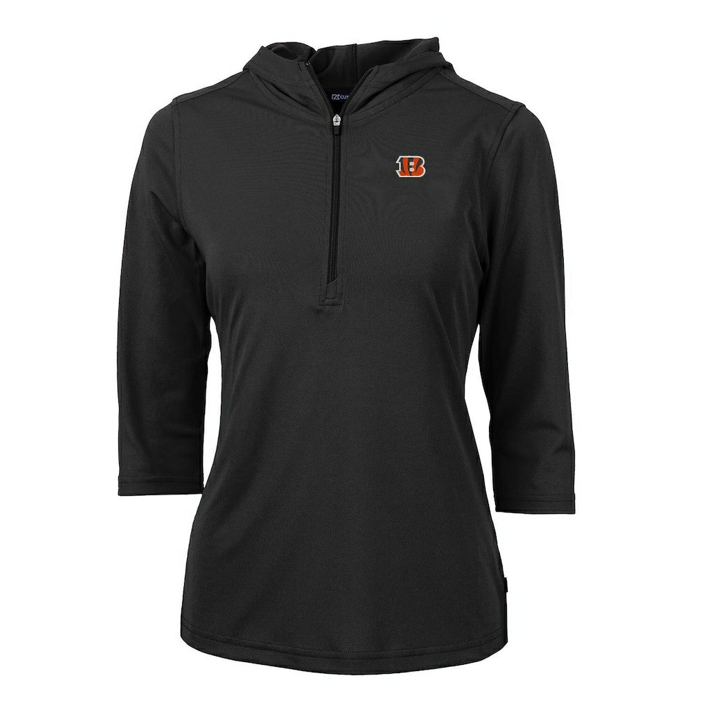 Cincinnati Bengals Cutter & Buck Women's Virtue Eco Pique Half-Zip 3/4 Sleeve Pullover Hoodie - Black on sale