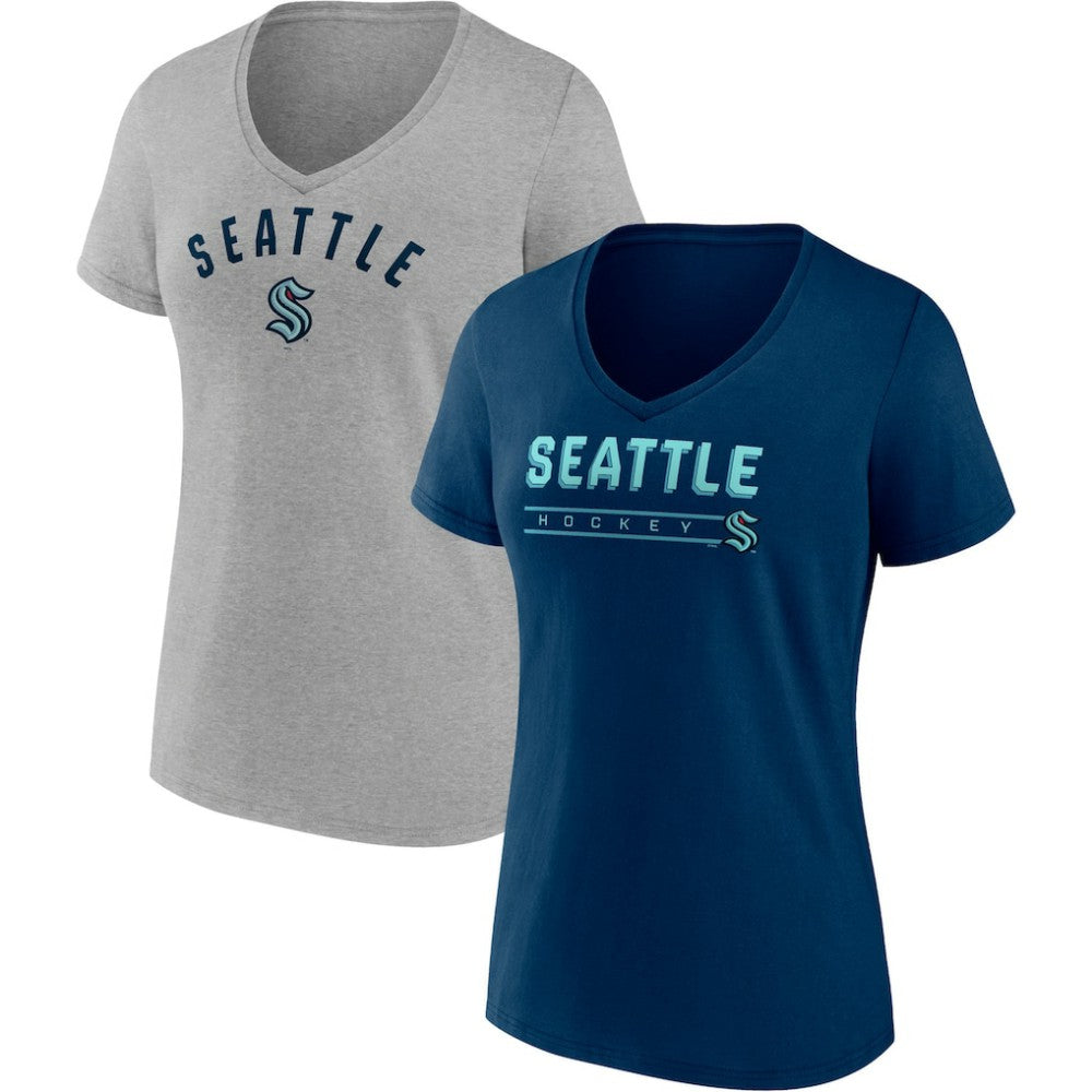 Seattle Kraken Fanatics Women's Parent 2-Pack V-Neck T-Shirt Set Deep Sea Blue/Gray