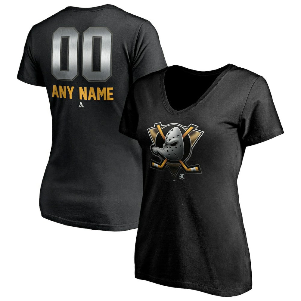 Anaheim Ducks Women's Personalized Midnight Mascot Logo V-Neck T-Shirt Black