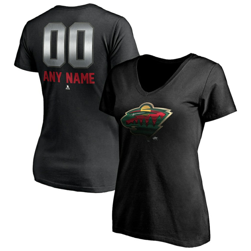 Minnesota Wild Women's Personalized Midnight Mascot Logo V-Neck T-Shirt Black