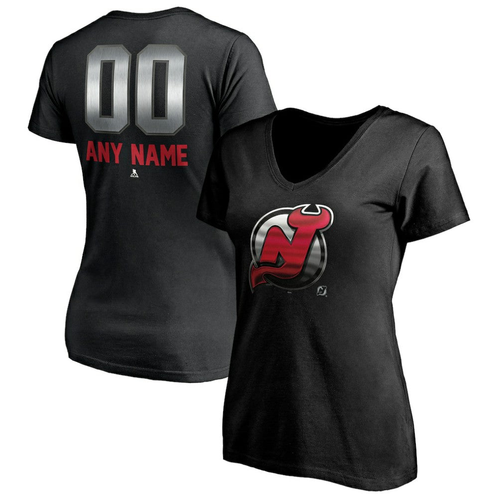 New Jersey Devils Women's Personalized Midnight Mascot Logo V-Neck T-Shirt Black