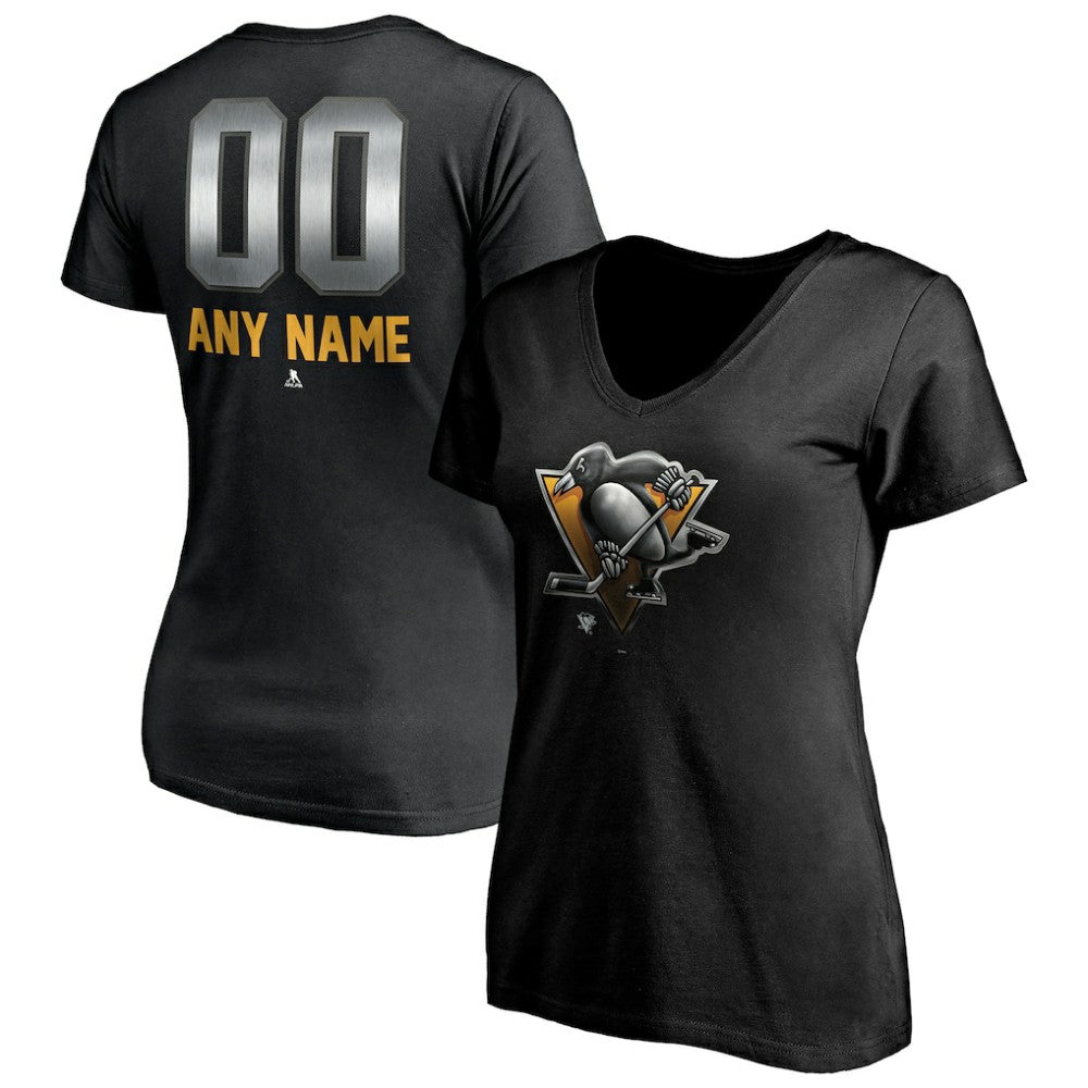 Pittsburgh Penguins Women's Personalized Midnight Mascot Logo V-Neck T-Shirt Black
