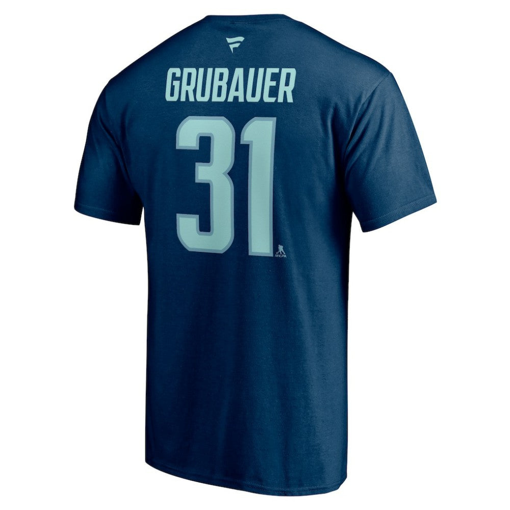 Philipp Grubauer Seattle Kraken Fanatics Authentic Stack Name & Number T-Shirt Deep Sea Blue