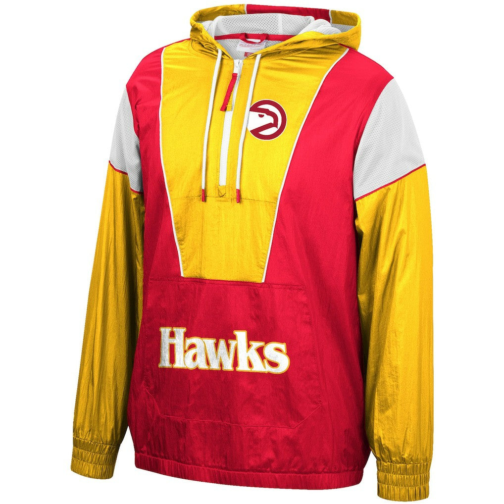 Atlanta Hawks Hardwood Classics Highlight Reel Windbreaker Half-Zip Hoodie Jacket - Red/Yellow | Mitchell & Ness for sale