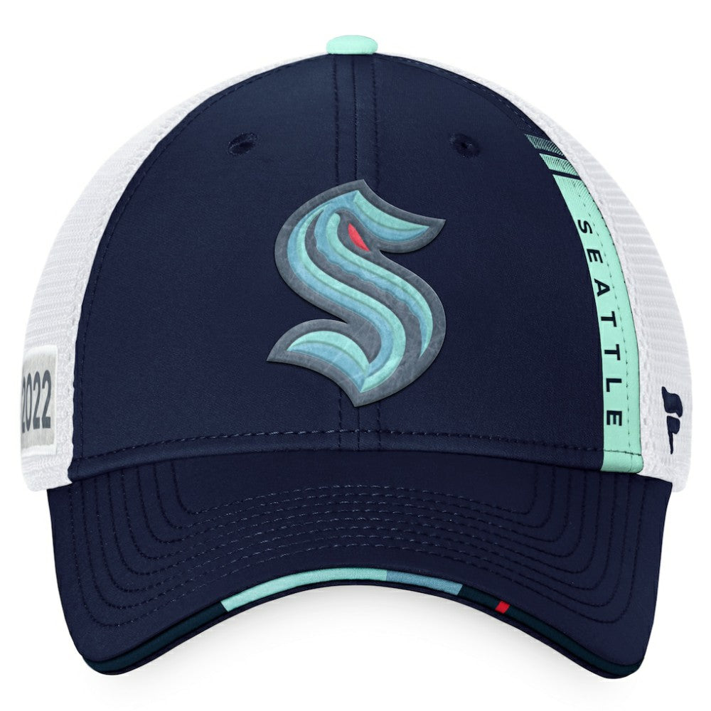 Seattle Kraken Fanatics 2022 NHL Draft Authentic Pro On Stage Trucker Adjustable Hat Navy/White