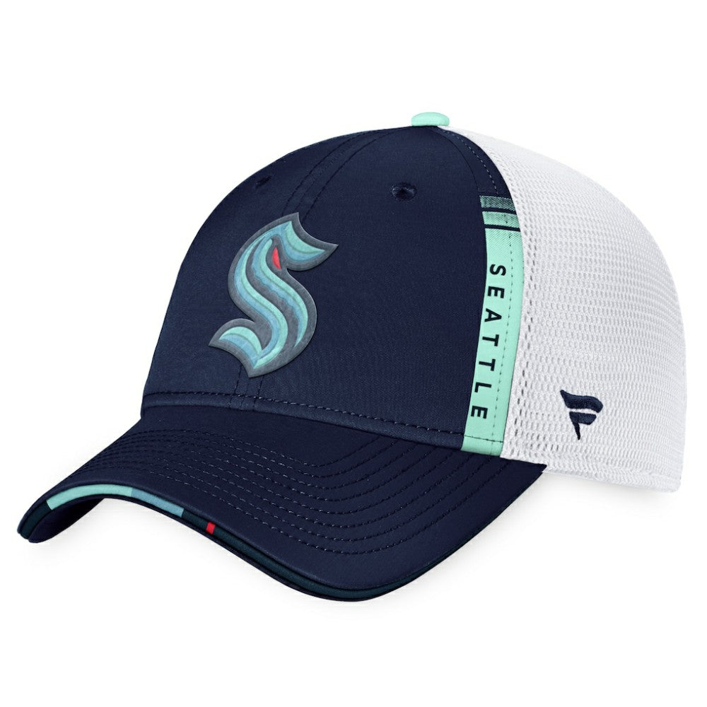 Seattle Kraken Fanatics 2022 NHL Draft Authentic Pro On Stage Trucker Adjustable Hat Navy/White