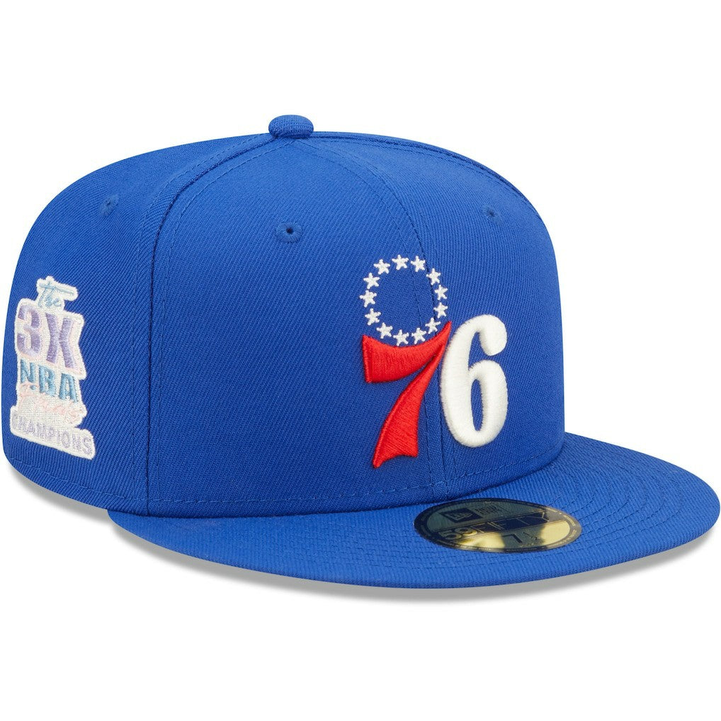 Philadelphia 76ers 3x NBA Finals Champions Pop Sweat 59FIFTY Fitted Hat - Royal | New Era outlet