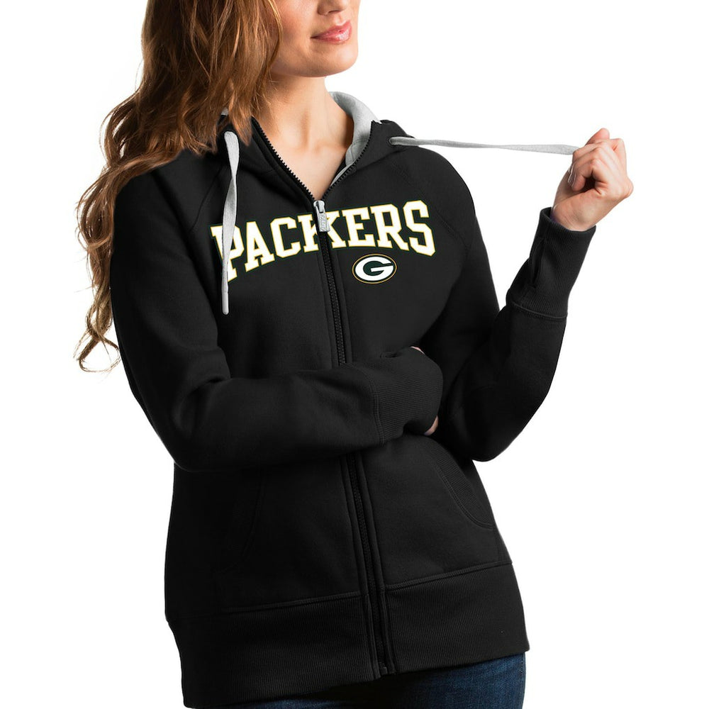 Green Bay Packers Antigua Women's Wordmark Victory Full-Zip Hoodie - Black online