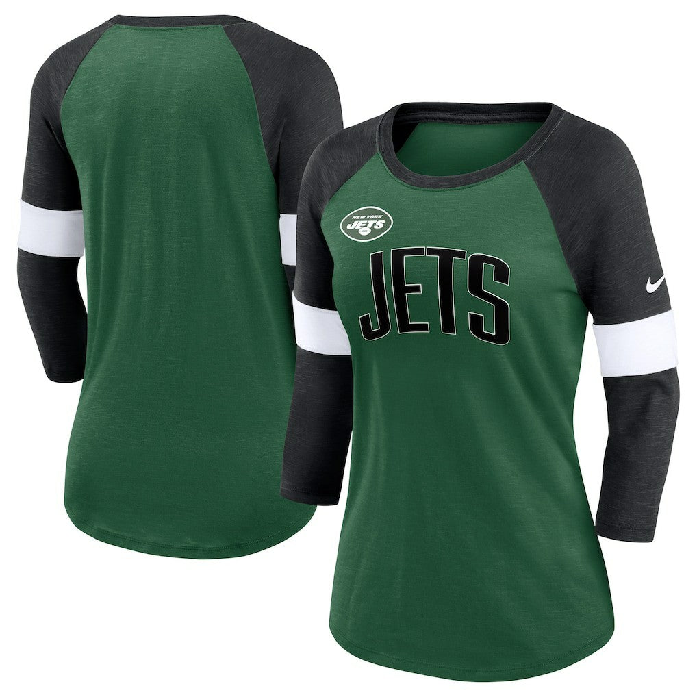 New York Jets Women's Football Pride Raglan 3/4-Sleeve T-Shirt - Heather Green/Heather Black | Nike online