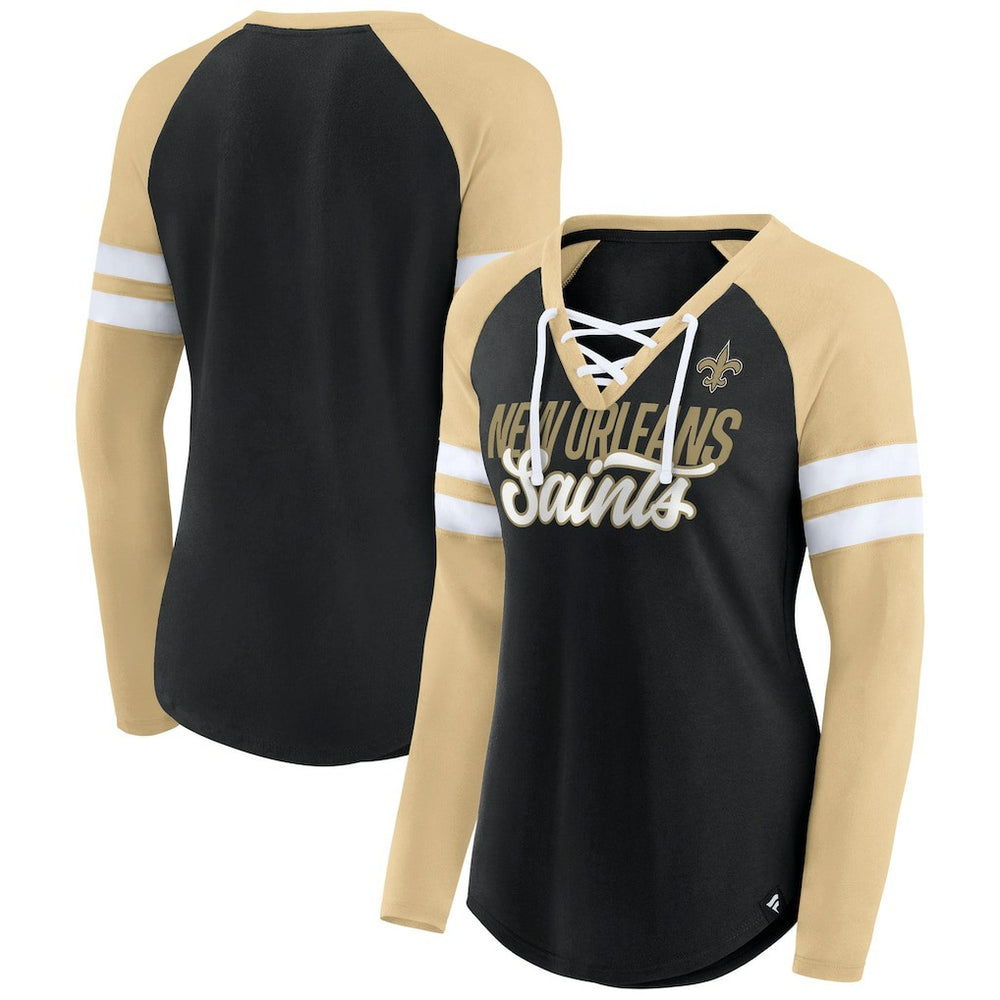 New Orleans Saints Women's True to Form Raglan Lace-Up V-Neck Long Sleeve T-Shirt - Black/Gold online