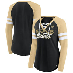 New Orleans Saints Women's True to Form Raglan Lace-Up V-Neck Long Sleeve T-Shirt - Black/Gold online