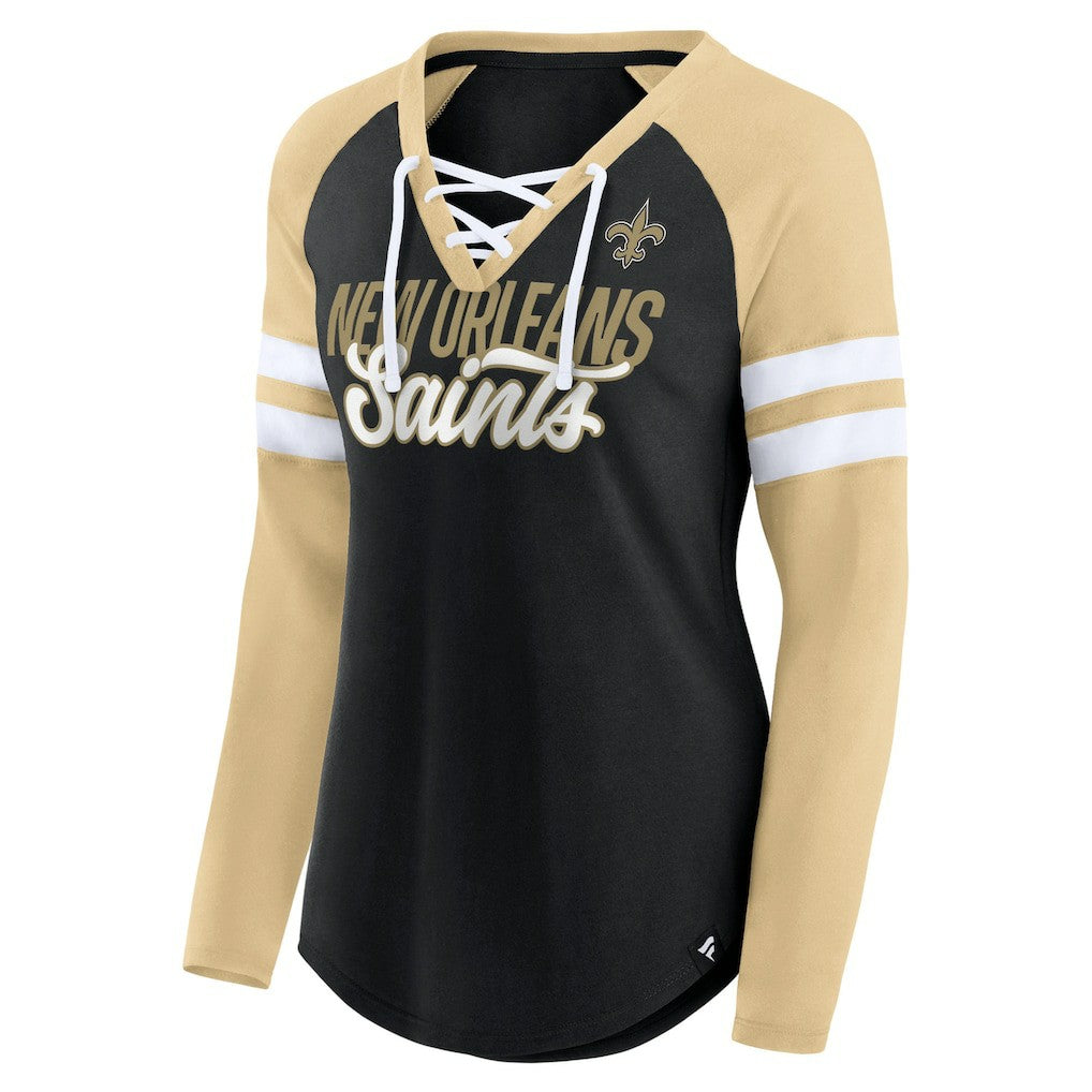 New Orleans Saints Women's True to Form Raglan Lace-Up V-Neck Long Sleeve T-Shirt - Black/Gold online