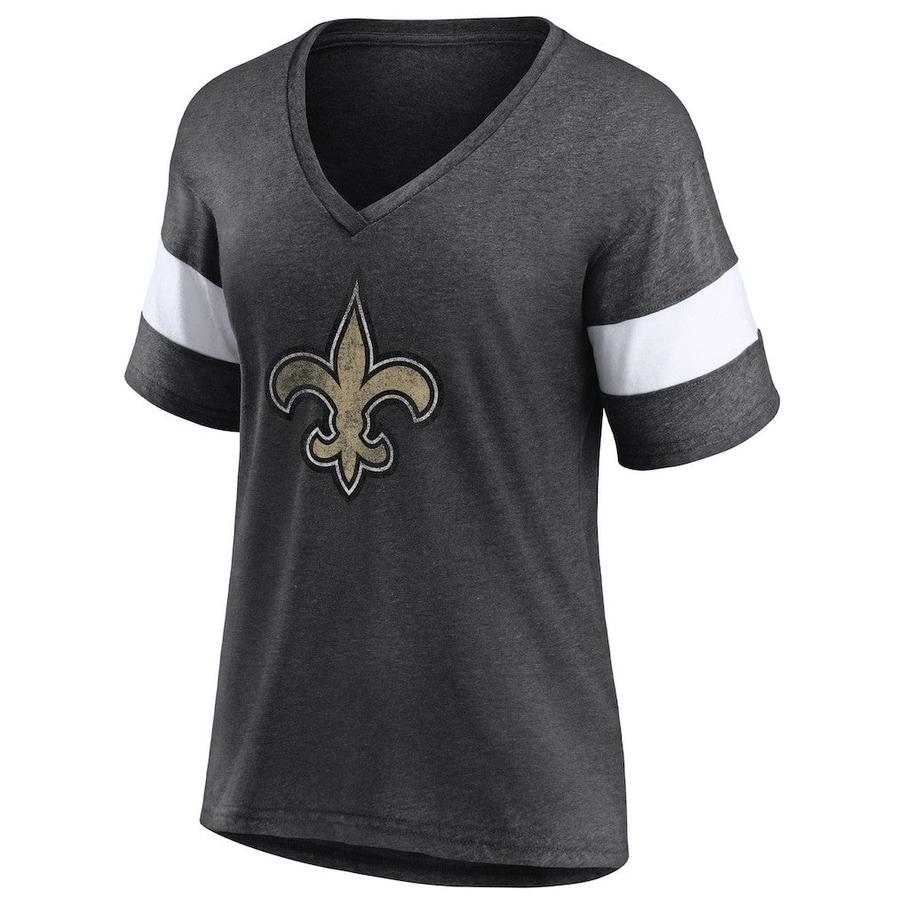 New Orleans Saints Women's Distressed Team Tri-Blend V-Neck T-Shirt - Heathered Charcoal/White on sale